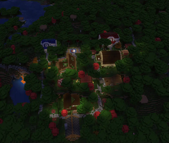 a village in a dark forest