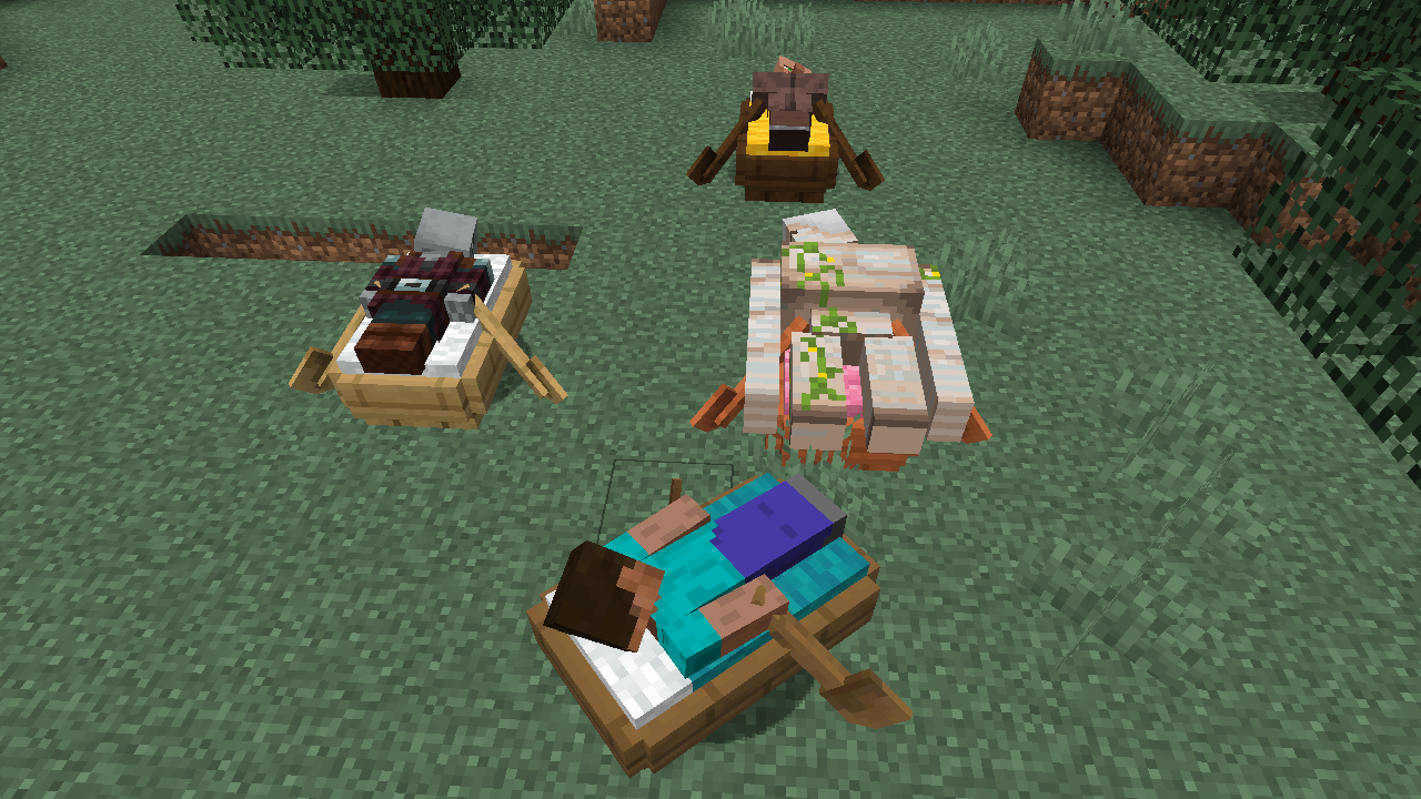 A Player, pillager, iron golem and villager on their own bed boats.