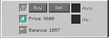 Trading station allows you to buy or sell items.
Make sure you insert credit card first.
Max button changes the behavior to full stack.
Auto button allows block to sell items automatically.