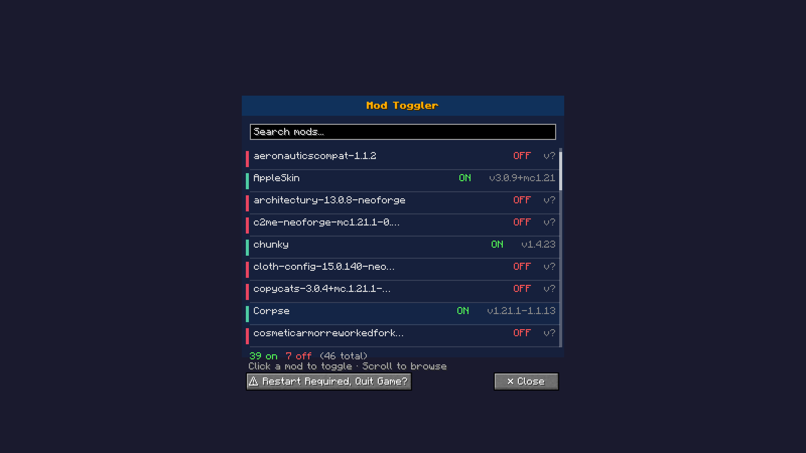 The mod toggler menu
