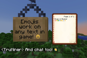 Displays a sign, book, and chat message containing emojis.