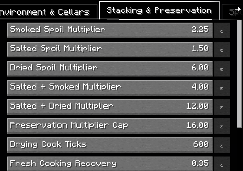 Pantry's preservation, cooking recovery, and food stacking settings.