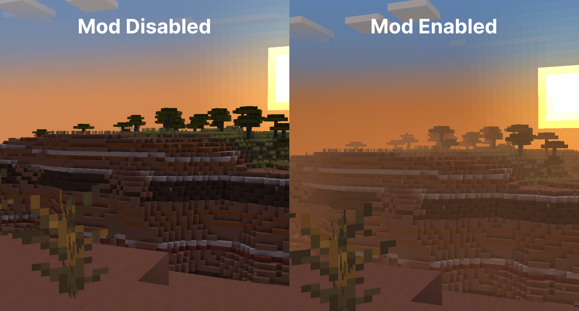 Biome Fog Colors comparison (left: Mod Disabled; right: Mod Enabled)