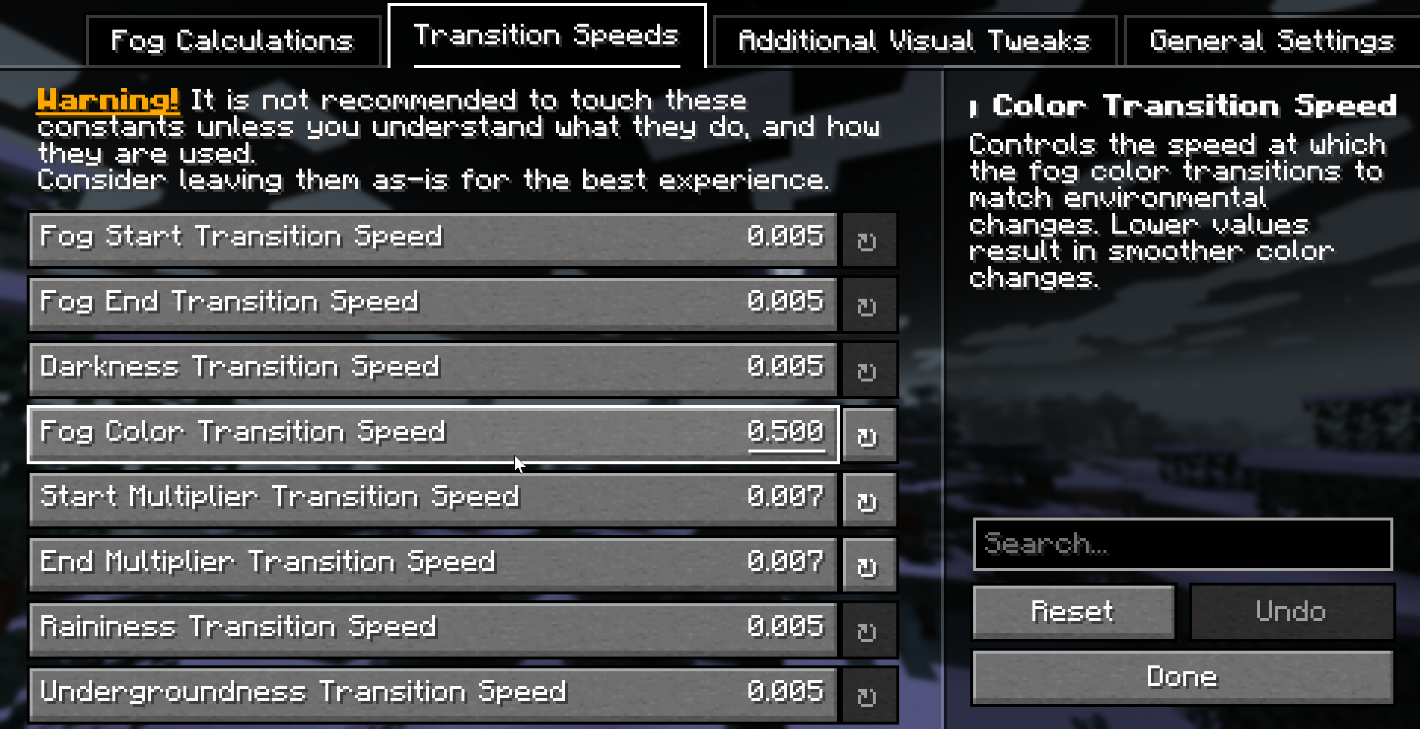 A configuration screen showing a list of various transition speeds you can modify.