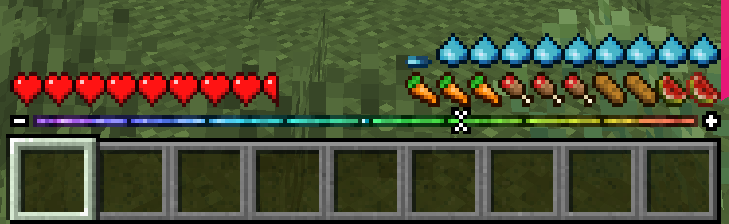 A screenshot of the main TerraFirmaCraft HUD elements. Health is represented by hearts, thirst by water droplets, and hunger by food icons. A temperature bar replaces the experience bar.