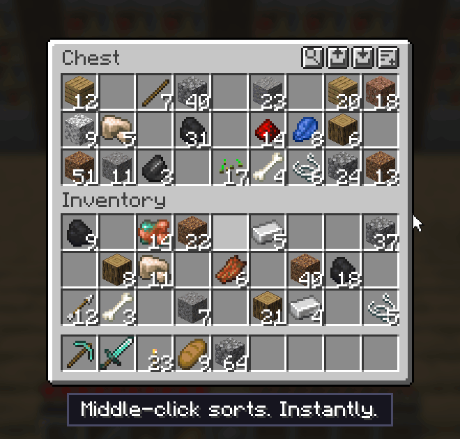Middle-click sorting a chest and the inventory
