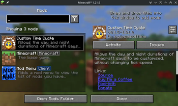 The Custom Time Cycle mod in Fabric's ModMenu mod