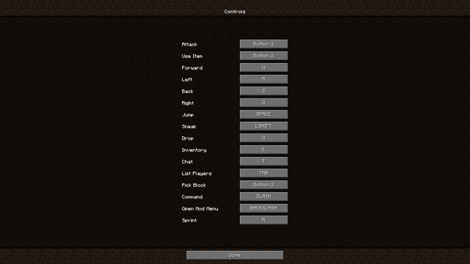 The Minecraft controls menu.