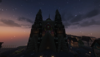 The centre point of the spawn of the Timefall SMP, the Cathedral of Time, from the front, at night