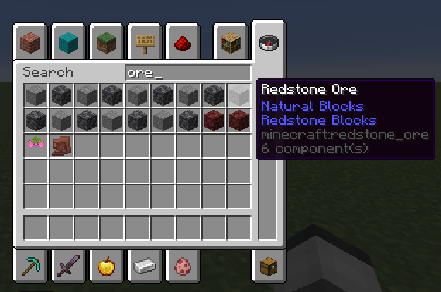Ores in the creative mode inventory with the resource pack enabled
