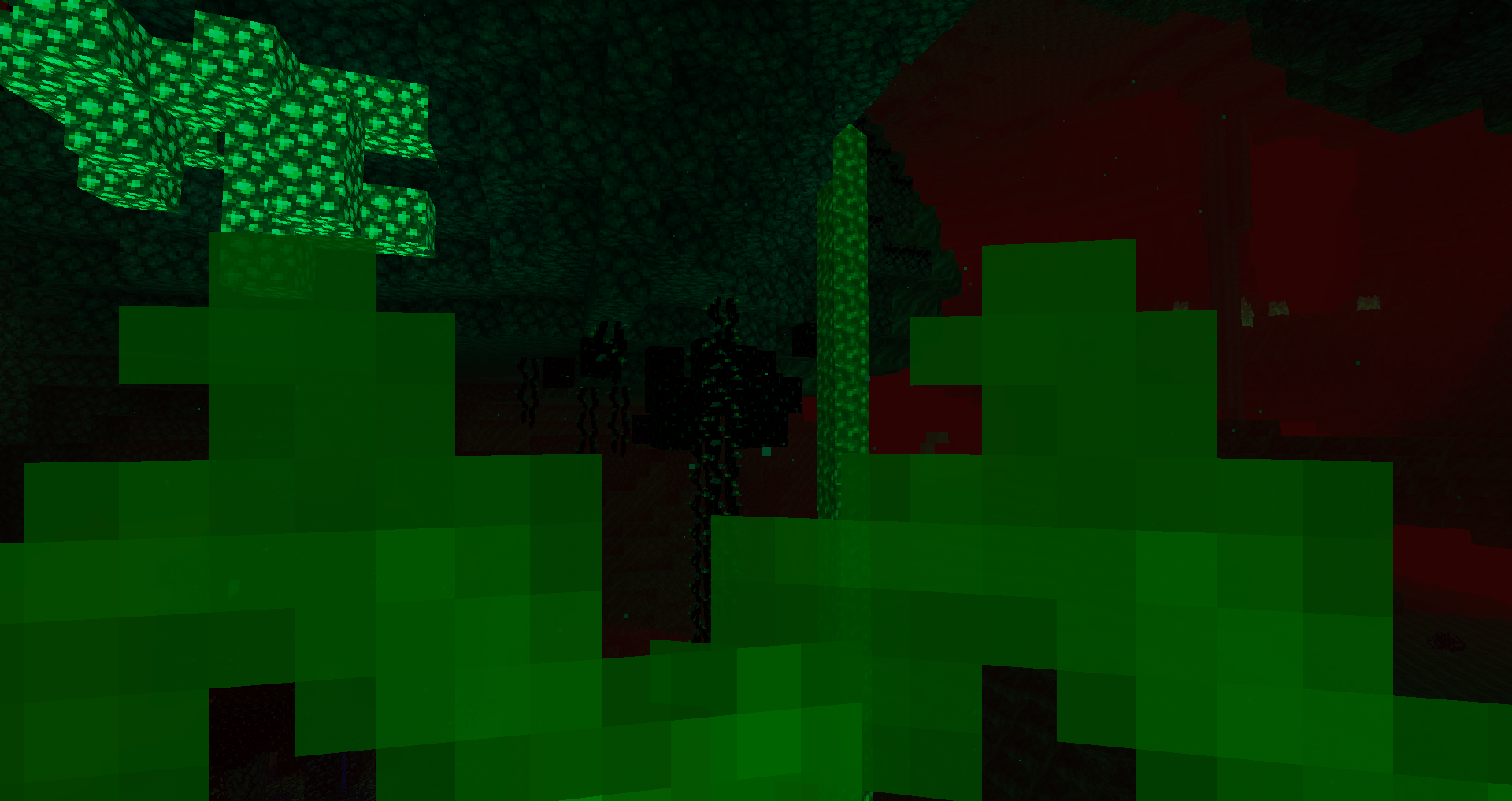 The player is on fire, and the Nether Fog is shifting through hues of the rainbow