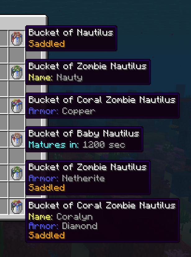Six Nautilus buckets showing different tooltip combinations: name, age, saddle, and armor.