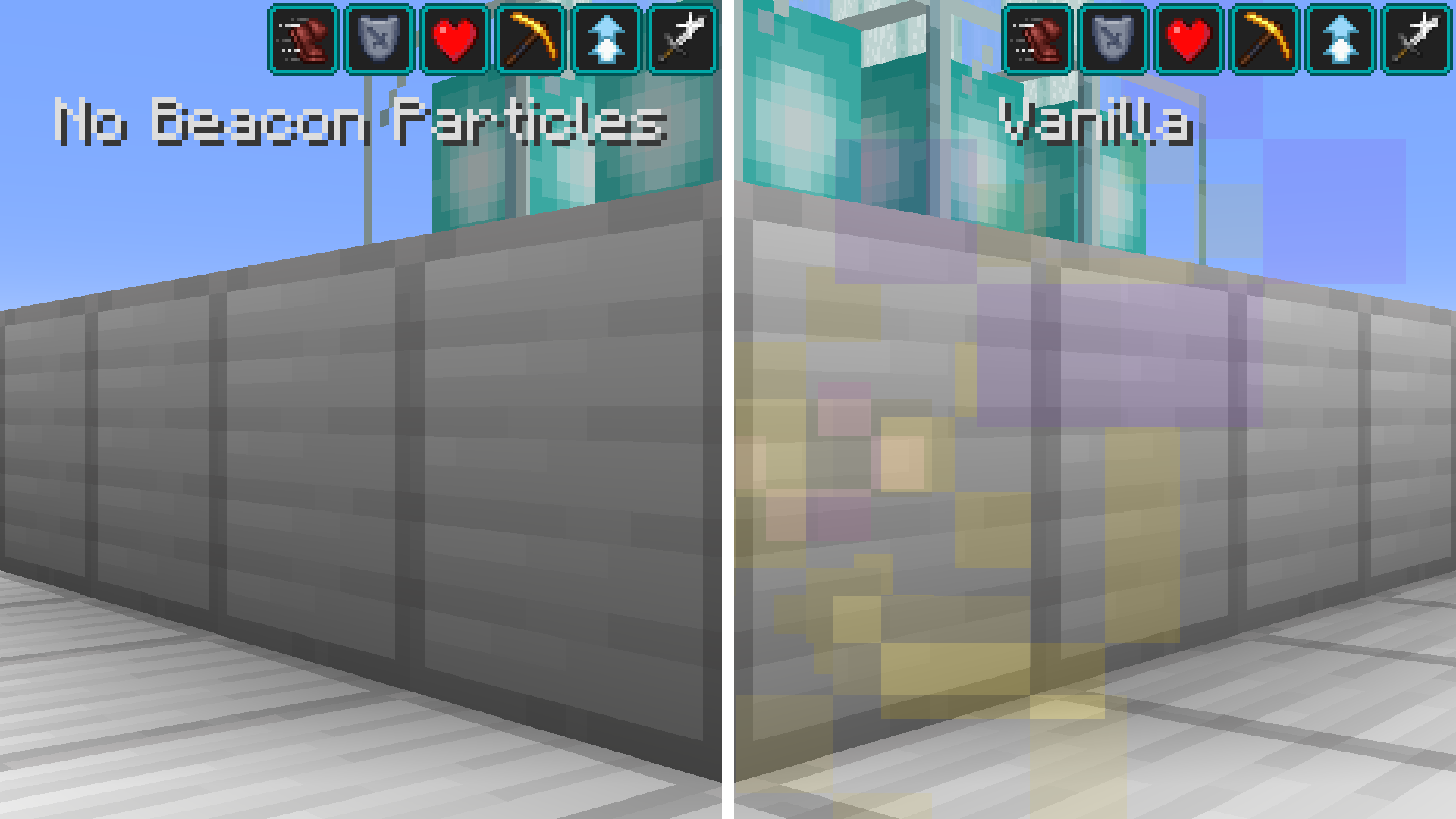 A comparison between No Beacon Particles on the left and Vanilla on the right. No particles are visible on the left, while the right is covered in translucent entity effect swirls.