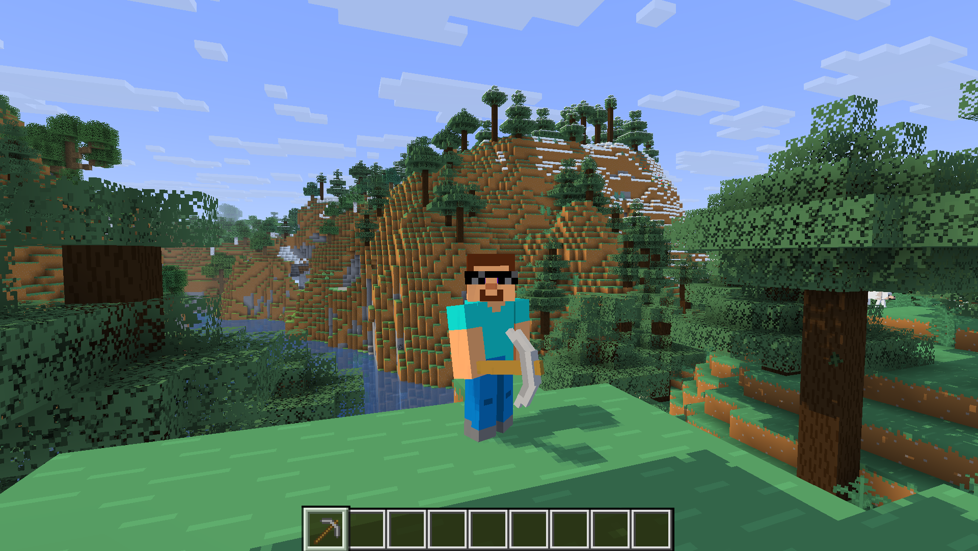 3rd person view of Steve holding a 3D stone pickaxe