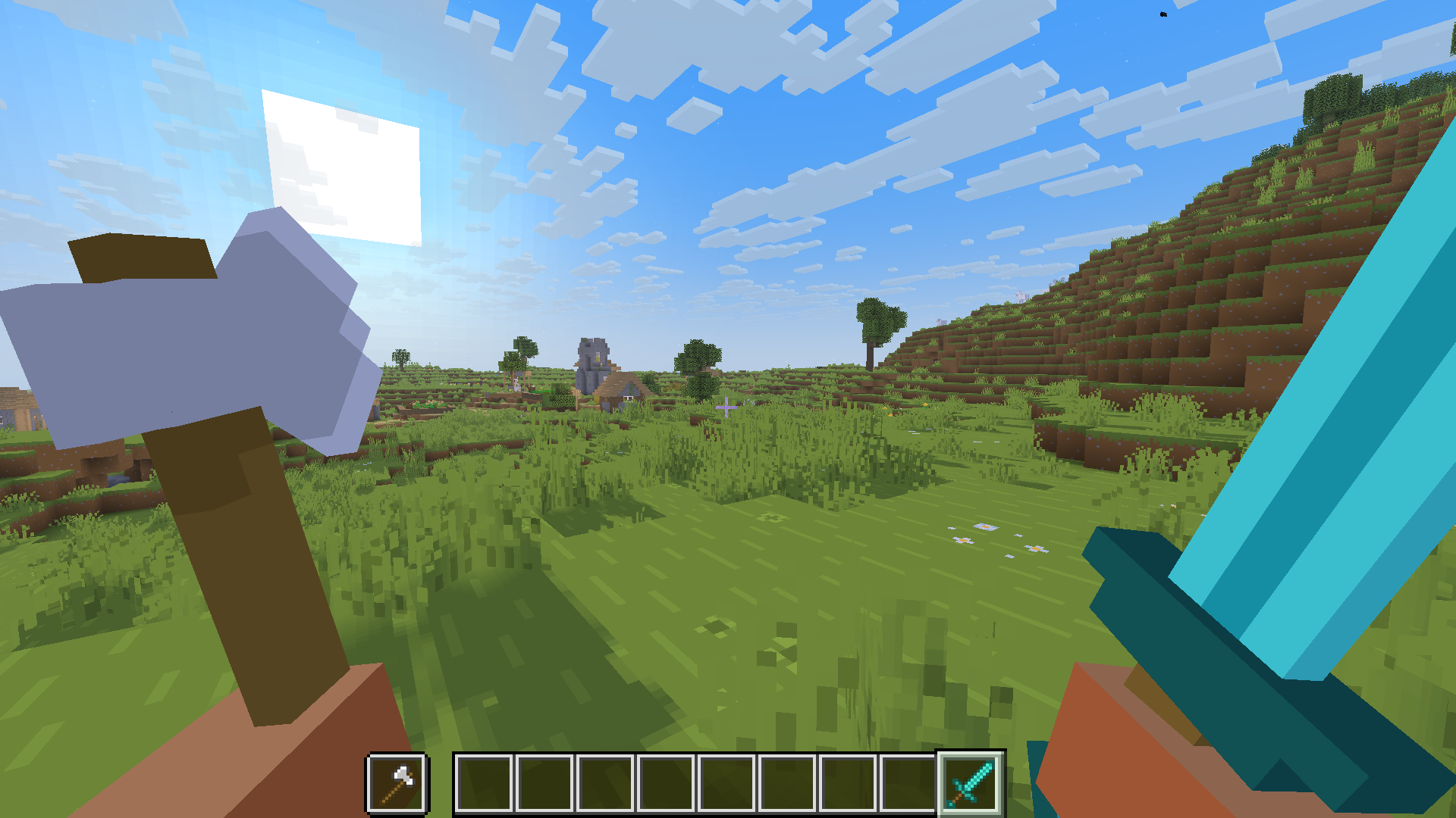 Player holding a 3D diamond sword and iron axe