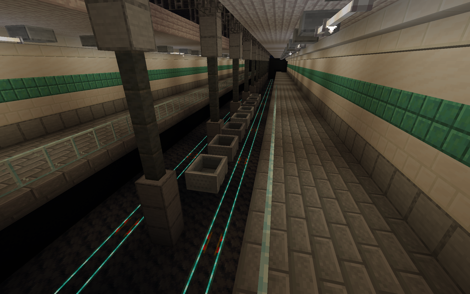 Minecarts floating above maglev rails in a subway