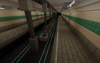 Hovering minecarts lined up in a subway