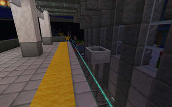 A minecart floating in the train station