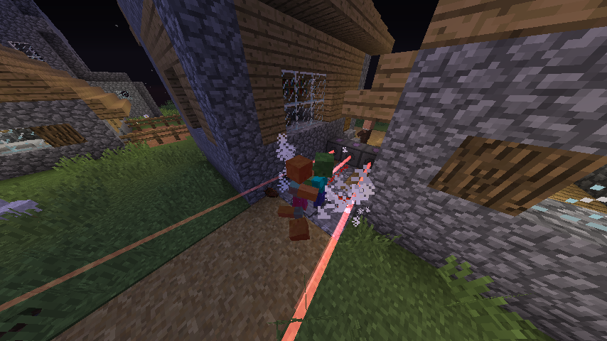 The player firing at a villager with a handheld shock rifle.