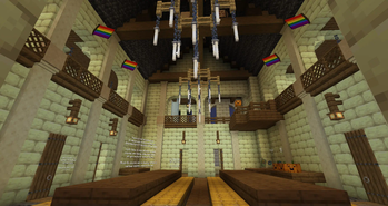 Castle great hall featuring wall columns, lattices, and crown moldings. Bonus gay pride flags (Peculiar Pieces) and pineapples.