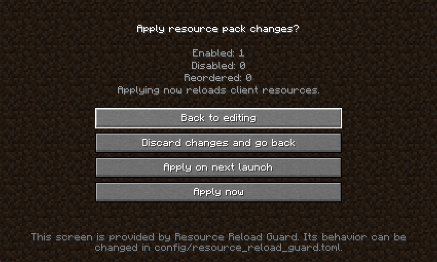 Resource Pack reload confirmation screen