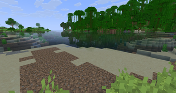 Looking at jungle at day over water with shader pack enabled