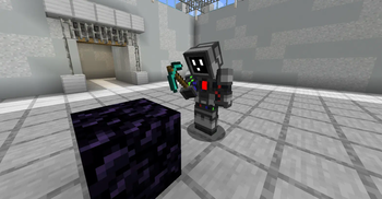 An Android mining obsidian equipped with a diamond pickaxe