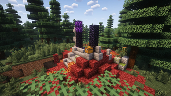 A ruined portal inside a spruce forest