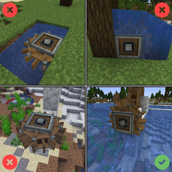 water must be present on only one of the waterwheel's side of contact, and the water source must be connected to a large body of water inside a river biome