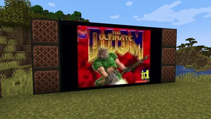 Демонстрация игры Doom внутри Minecraft с помощью мода Vanilla Display.