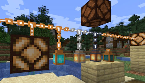 Wired chains with hanging lanterns.