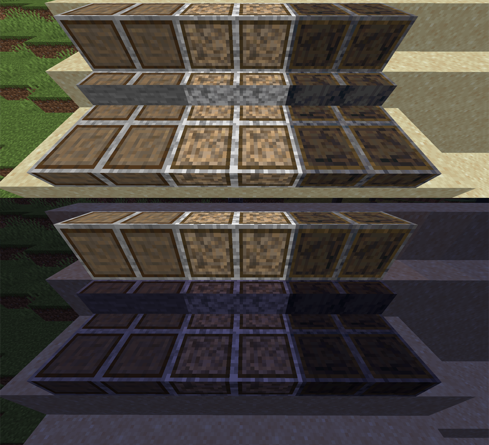 The Spruce Wayne Family in daylight and at midnight. Left to Right: Stone, Diorite, Basalt
