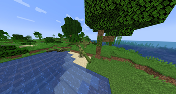 suchomimus by the shoreline in a sparse jungle