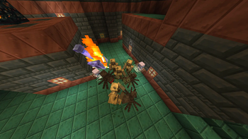 Fire aspect mace falling towards a group of enemies.