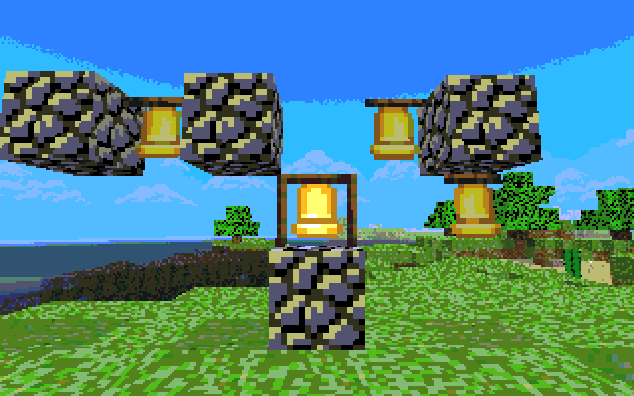 Standing, hanging and wall-mounted bells between cobblestone blocks