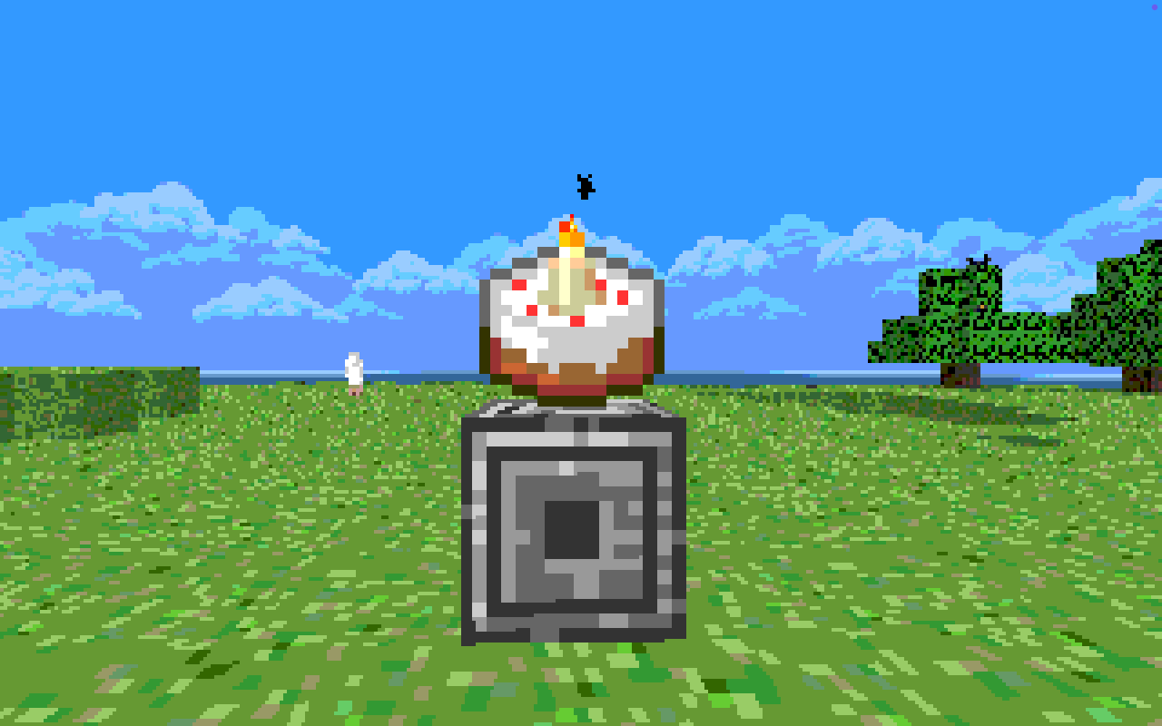 A lit candle cake drawn as a flat sprite on a stone pedestal