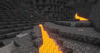 A slightly larger room with weirder terrain and a lava river