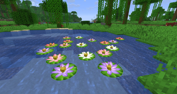 Four colorful lotus flower variants decorating a peaceful jungle