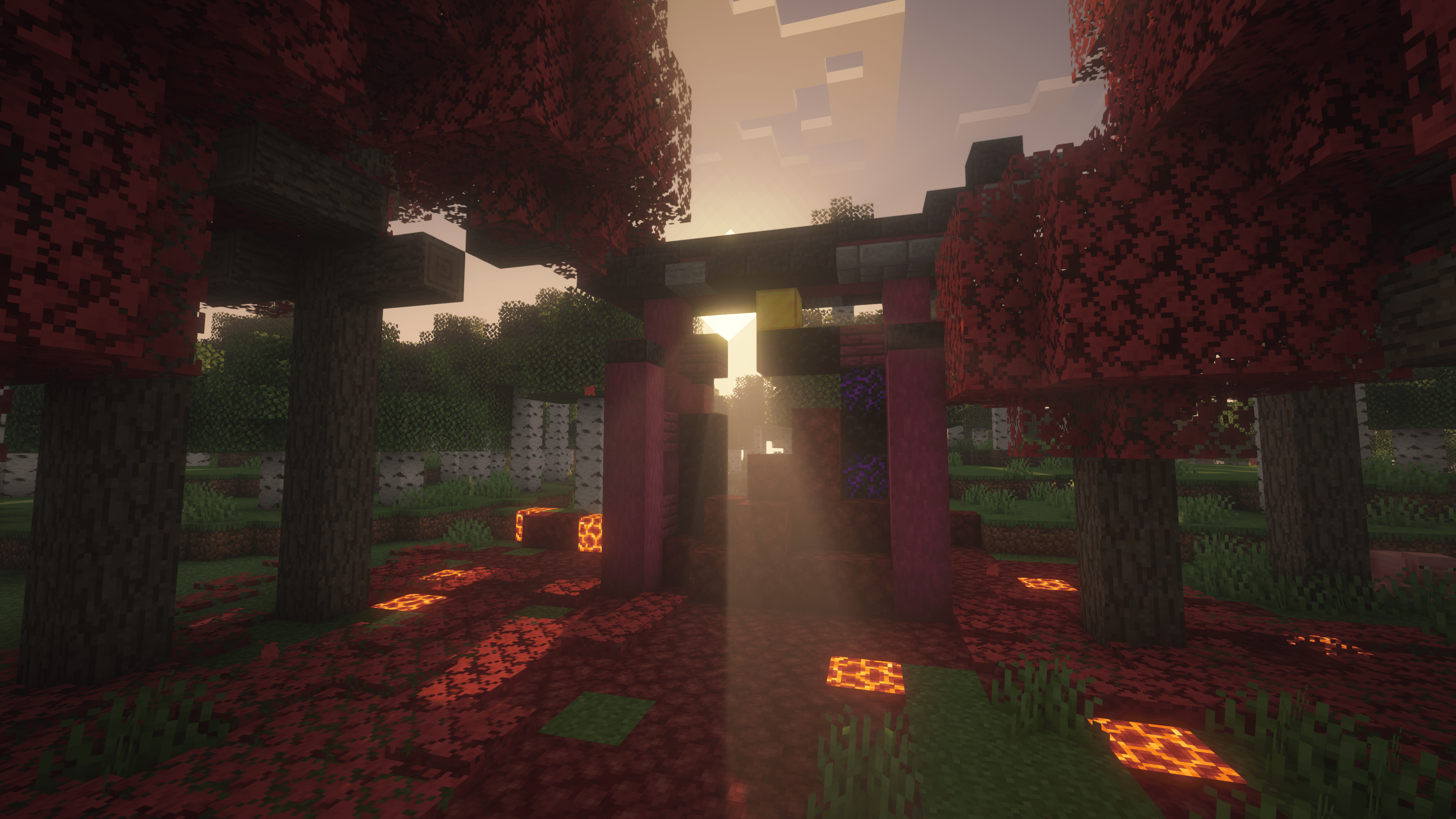 A torii gate variant of a ruined nether portal left to ruin in a red maple woods