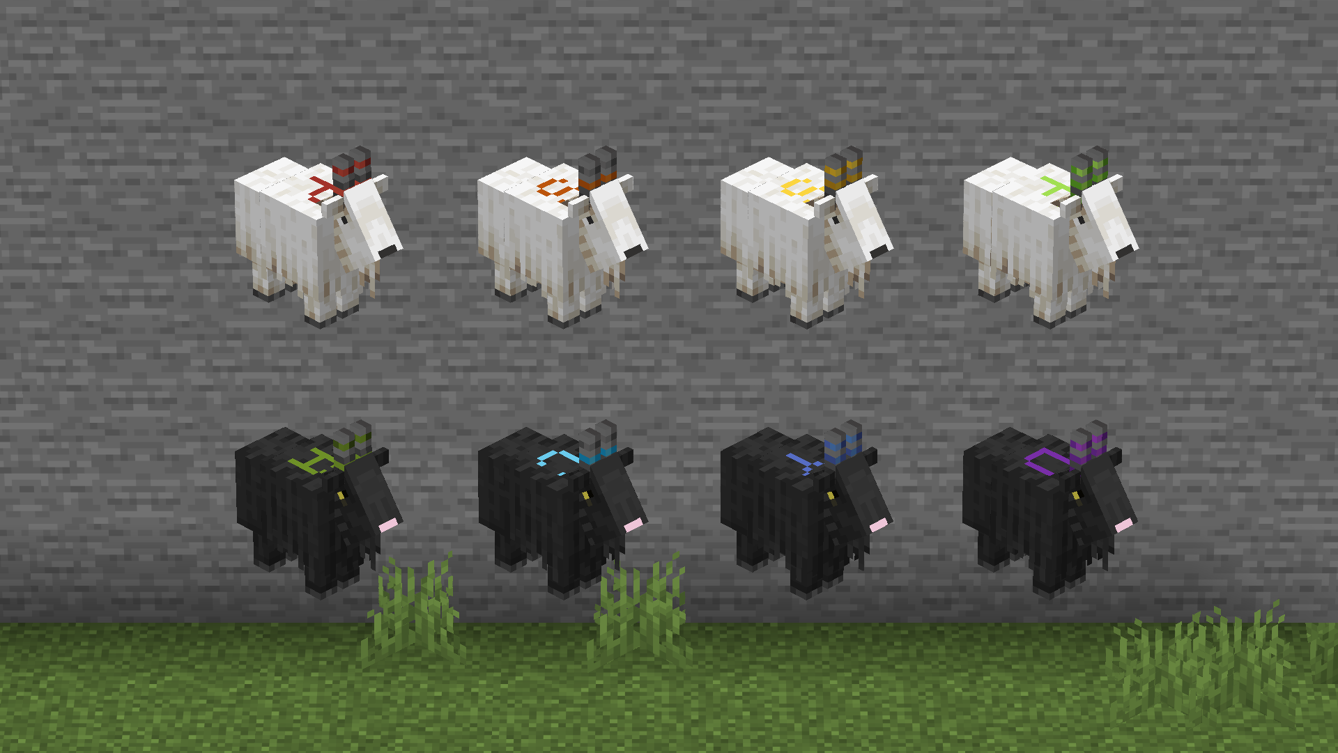 Two rows of four Minecraft goats in roughly isometric view. Top row is white goats with red P, orange S, yellow S, and lime F letters on their backs. Bottom row is dark grey goats with green A, light blue C, blue Y, and purple D letters on their backs. Each goat has coloured bands on the horns that match the colour of the letter