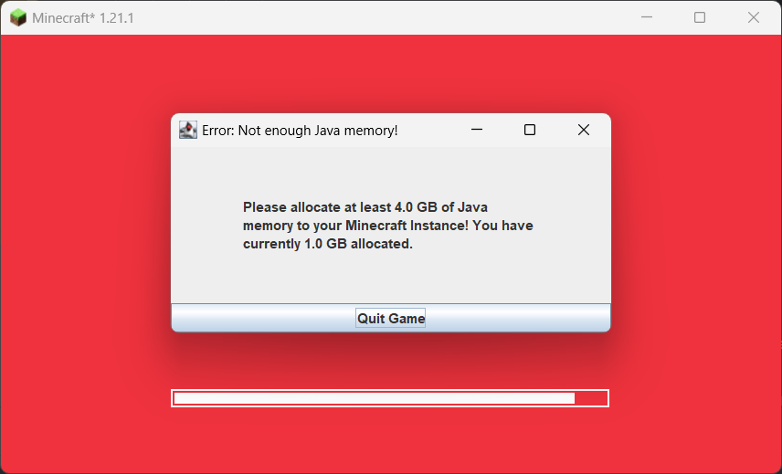 The player doesn't need to wait just to know that they selected the wrong amount of Java Memory.