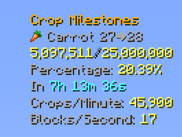 Shows your Blocks/Second, your crops per minute, time until the next crop milestone, your current crop milestone and the percentage progress