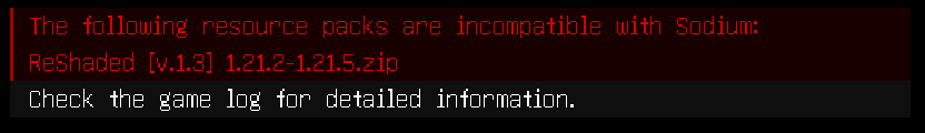 Sodium's incompatible resource pack warning
