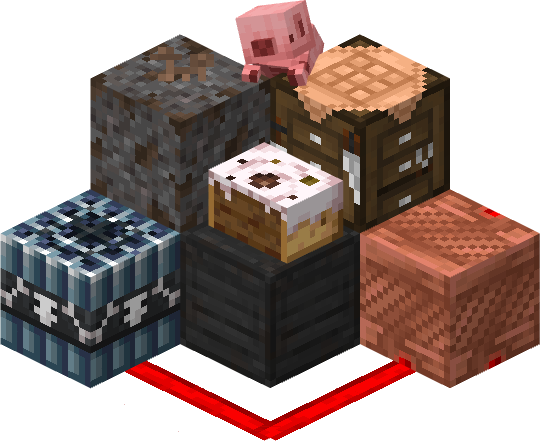 A render of a handful of blocks and the baby pig from Roselle Flavored