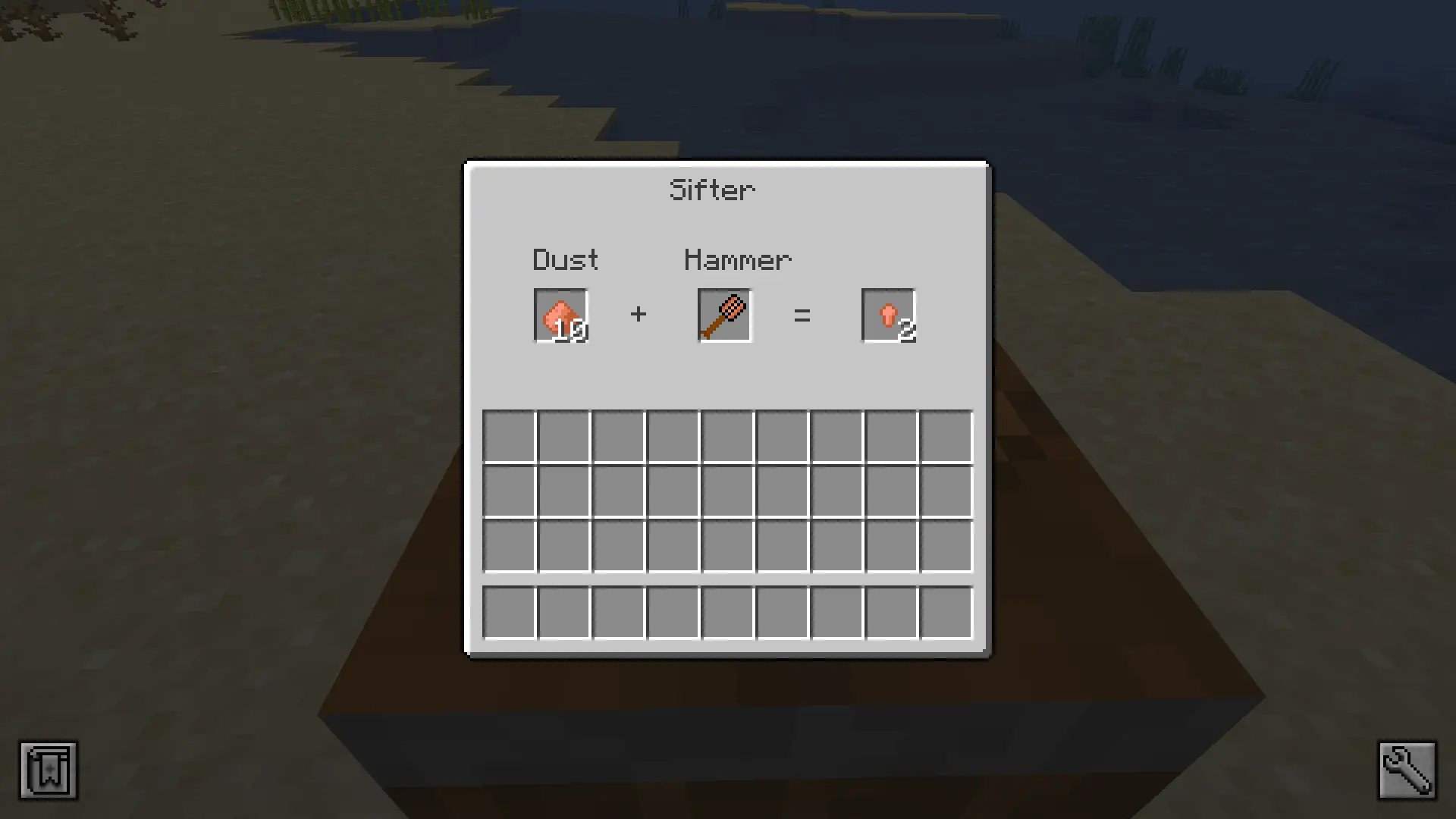 The UI for the Sifter workbench. 3 slots, the first has 10 copper dust, the second has a copper hammer and the output has 2 copper nuggets
