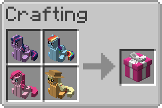 A shapeless crafting recipe that outputs one gift box. The input is four plushies of any kind.