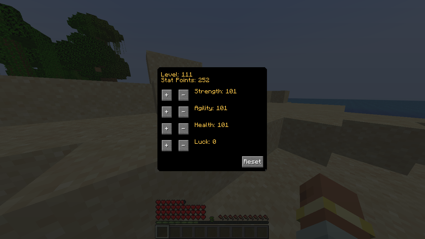 gui displaying level, stat points, strength, agility, health, and luck