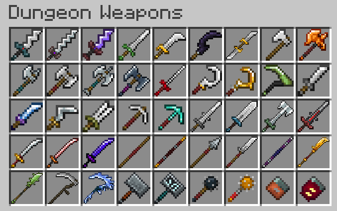 The creative mode page of the mod's weapons. Showcasing the variety of choices.