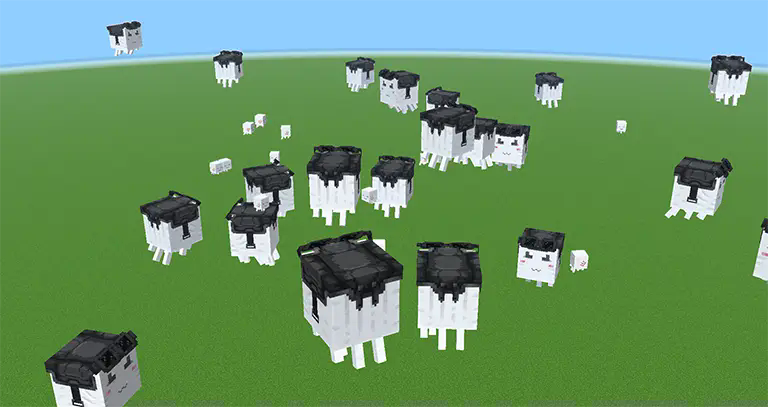 A wide shot from the sky looking down at a bunch of happy ghasts from 1.21.6 wearing the black harness only resource pack showcasing its features.