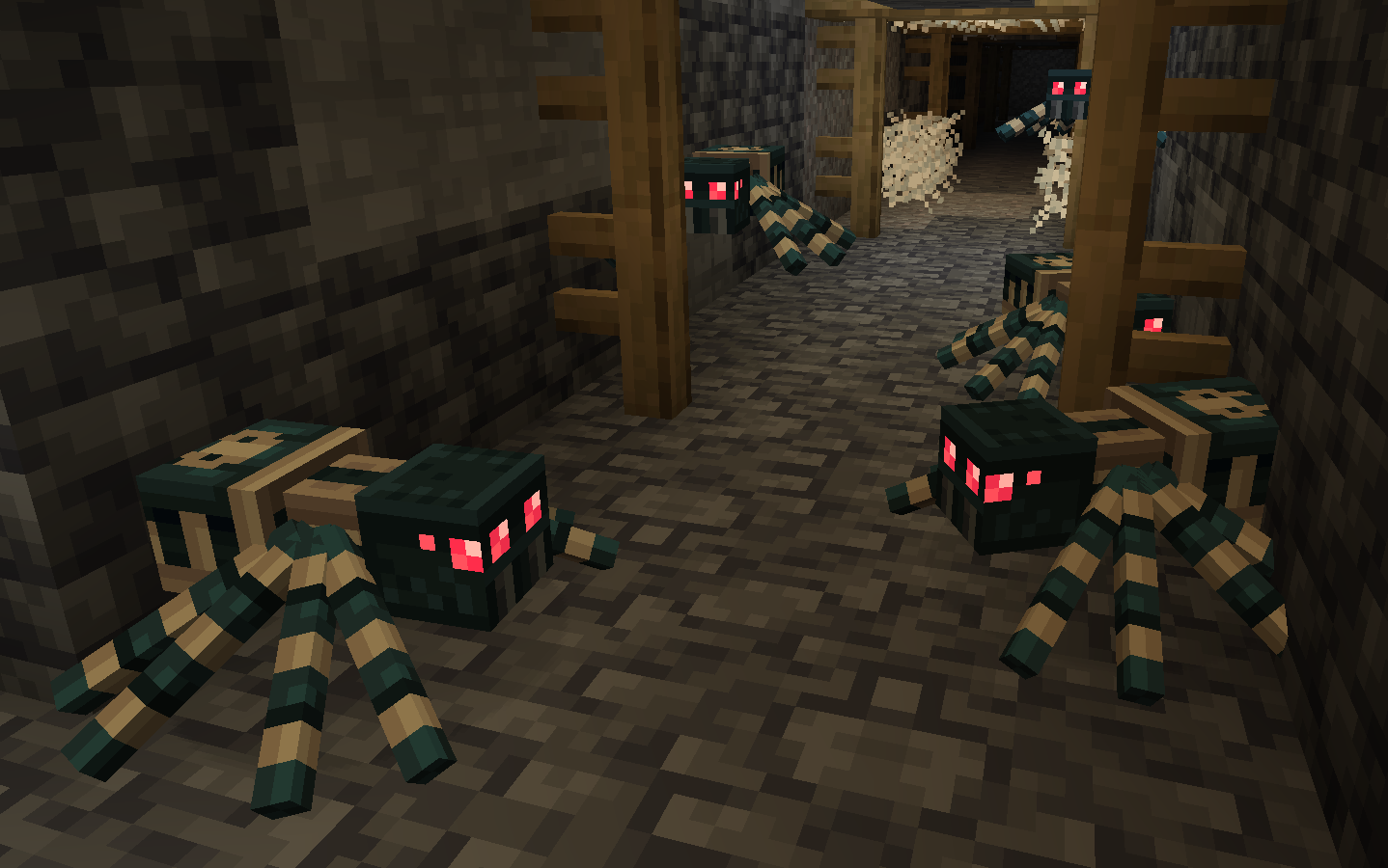 A group of Cave Spiders in an abandoned mineshaft with cobwebs and deepslate